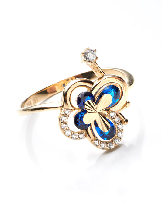 14K Yellow Gold Blue Stone Butterfly Ring Size 7 1.7Dwt