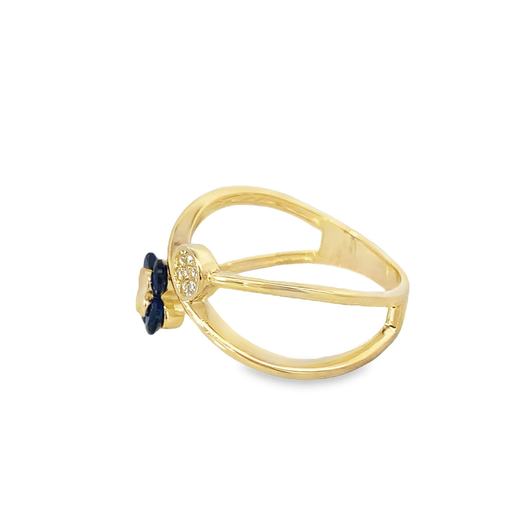 14K Yellow Gold Ladies Blue Stone 4 Leaf Clover Ring Size 7 1.8Dwt