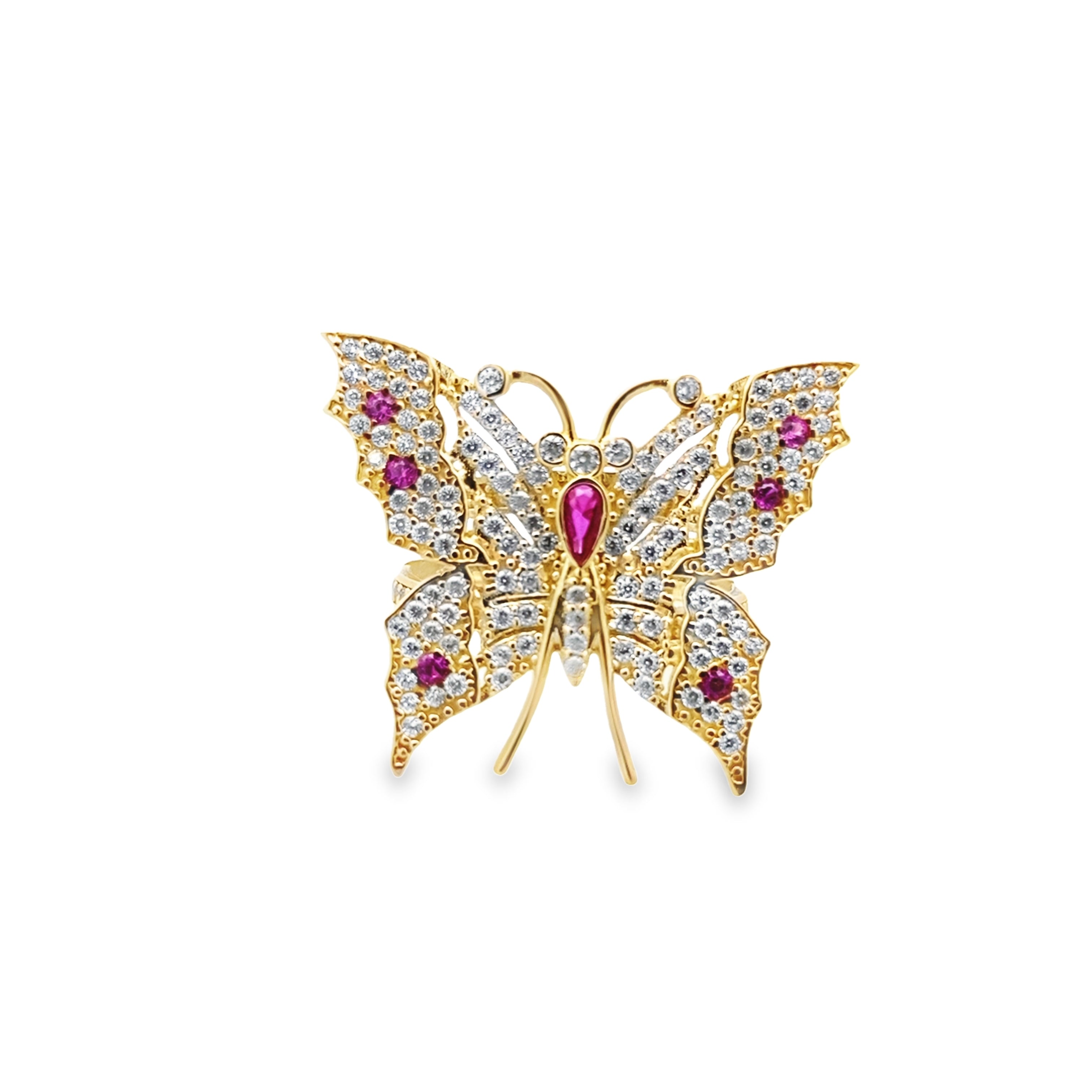 14K Yellow Gold Lds Cz Red & White Butterfly Ring Size7  3.6 Dwt