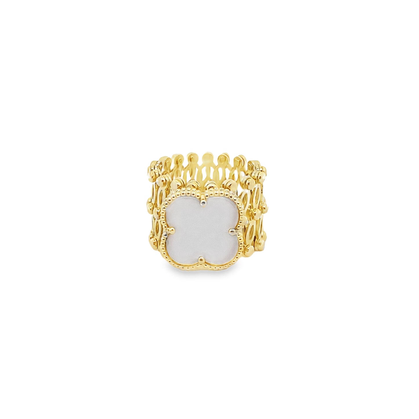 10K Yellow Gold White Flower Fashion Expandable Rings Size 7 8.8Dwt