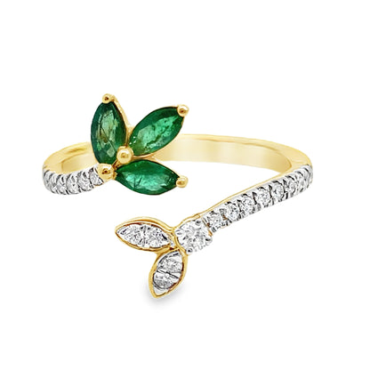 0.80 Ct Rd/Em 18K Yellow Gold Diamond & Emerald Fashion Ring Size 7 2.3Dwt