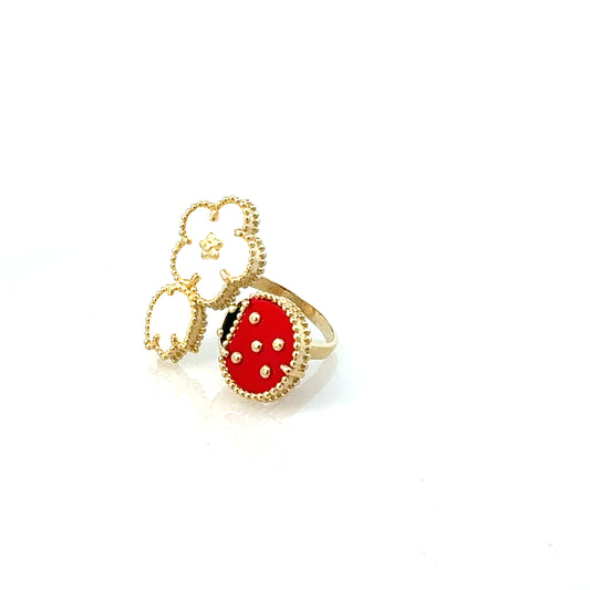 10K Yellow Gold Ladybug & Mother Of Pearl Flower Open Ring Size 8 3.3Dwt