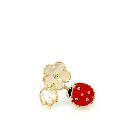 10K Yellow Gold Ladybug & Mother Of Pearl Flower Open Ring Size 8 3.3Dwt