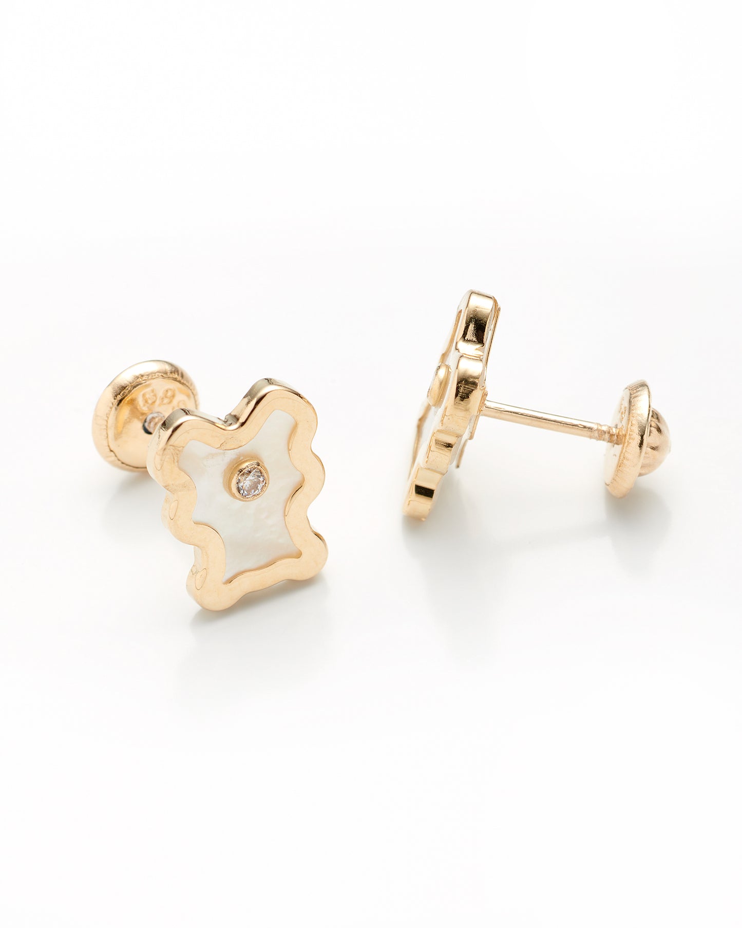 14K Yellow Gold Mother Of Pearl Bear Stud Earrings