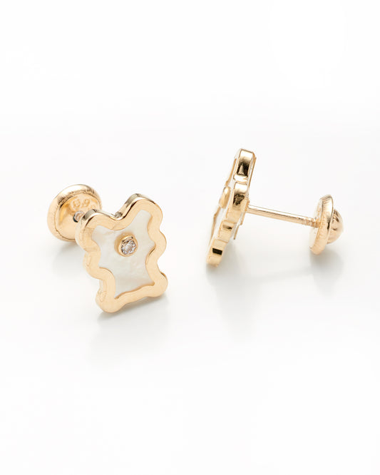 14K Yellow Gold Mother Of Pearl Bear Stud Earrings