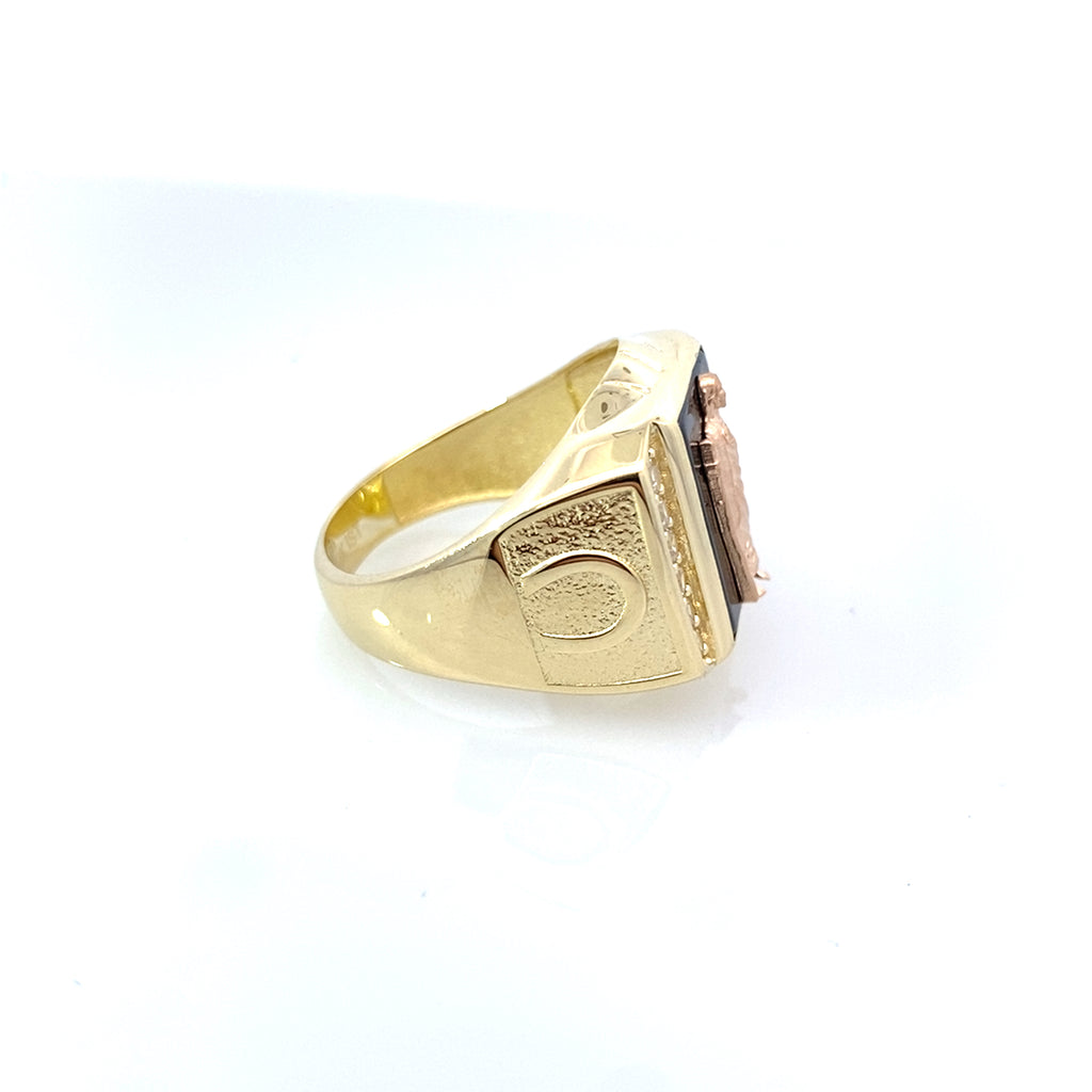 14K Two Tone Gold Cz Onyx Saint Jude Mens Ring Size 10 7.4Dwt