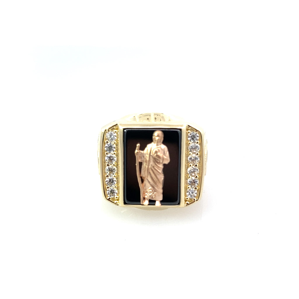 14K Two Tone Gold Cz Onyx Saint Jude Mens Ring Size 10 7.4Dwt