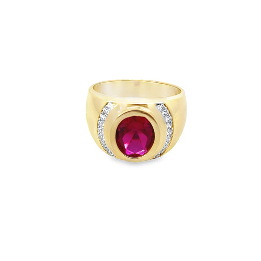 14K Yellow Gold Cz & Oval Red Stone Mens Fashion Ring Size 10 5.4Dwt