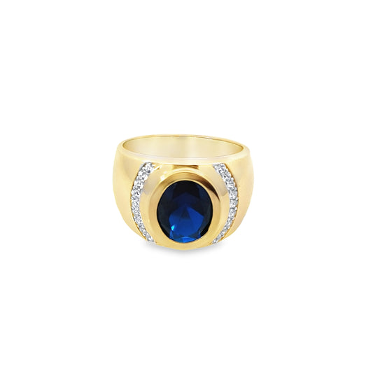 14K Yellow Gold Cz & Oval Blue Stone Mens Fashion Ring Size 9 5.4Dwt