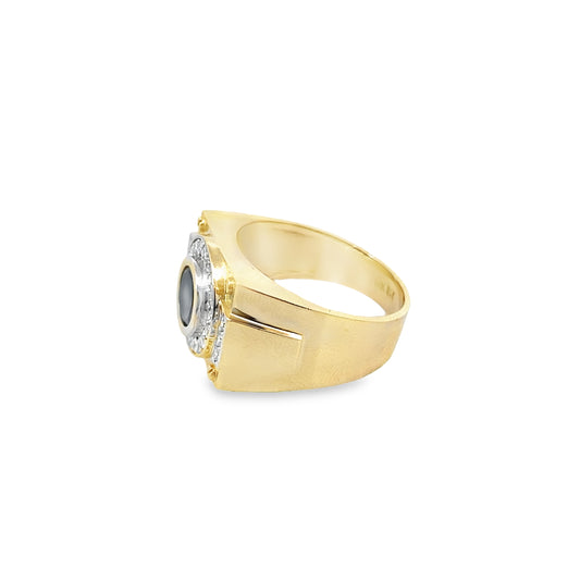 14K Yellow Gold Cz & Round Black Stone Mens Fashion Ring Size 10 5.3Dwt