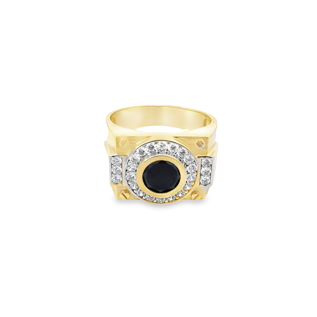 14K Yellow Gold Cz & Round Black Stone Mens Fashion Ring Size 10 5.3Dwt