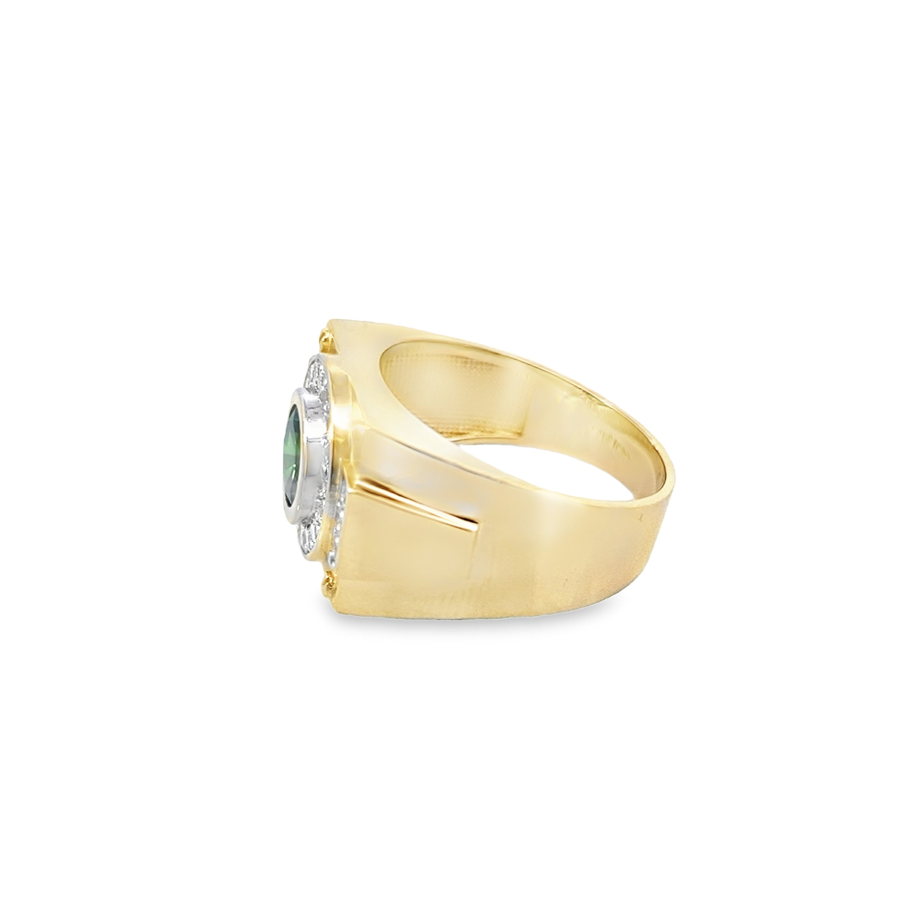 14K Yellow Gold Cz & Round Green Stone Mens Fashion Ring Size 10 5.2Dwt