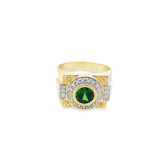14K Yellow Gold Cz & Round Green Stone Mens Fashion Ring Size 10 5.2Dwt