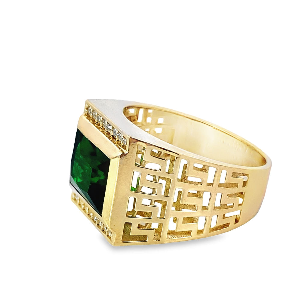 14K Yellow Gold Green Stone & Cz Fashion Ring Mens Size 10 4.0Dwt