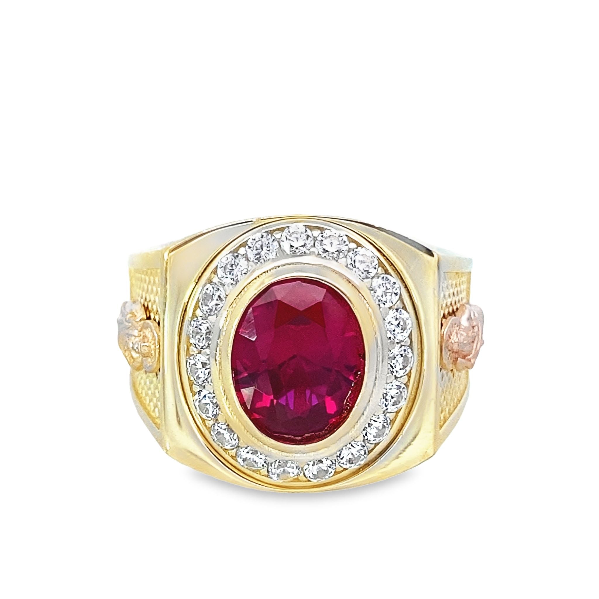 14K Two Tone Gold Red Stone & San Judas  Ring Mens Size 10 5.2Dwt
