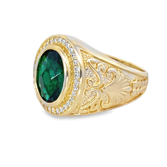 14K Yellow Gold Cz & Green Oval Stone Mens Ring Size 11 6.6Dwt
