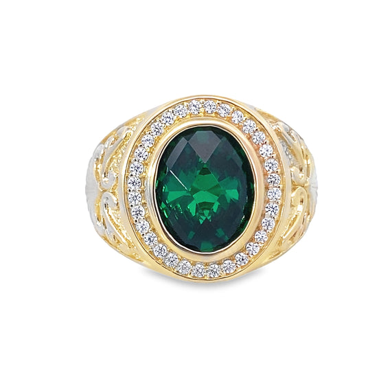 14K Yellow Gold Cz & Green Oval Stone Mens Ring Size 11 6.6Dwt