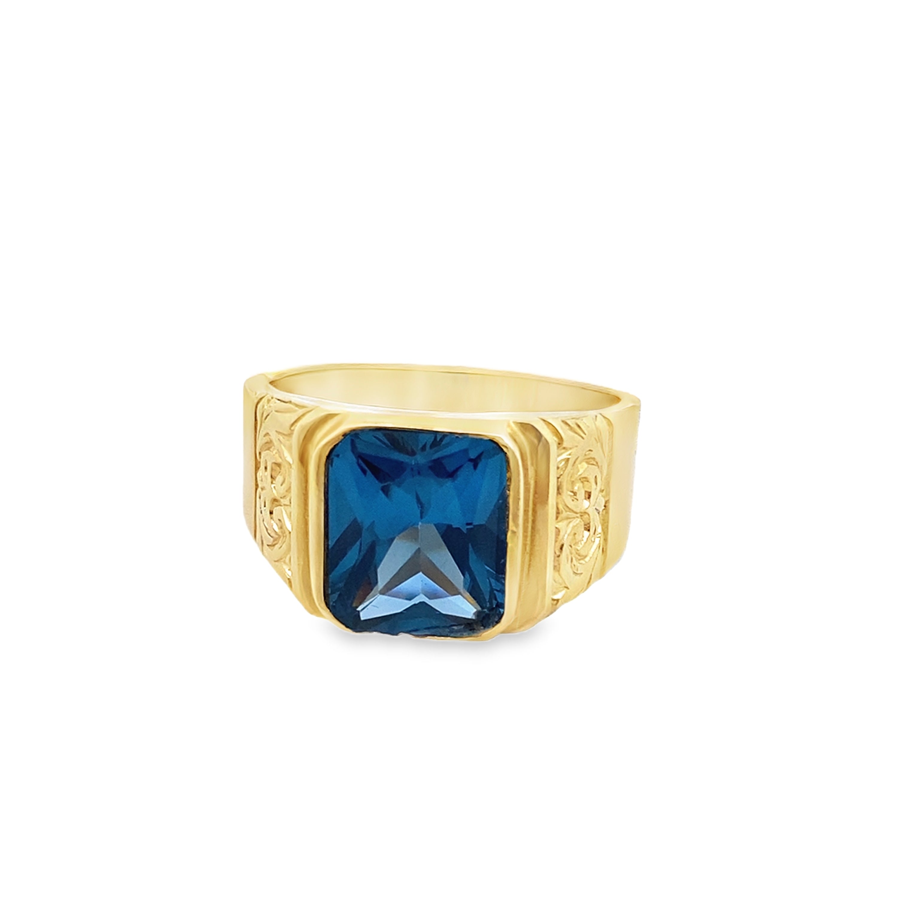14K Yellow Gold Mens Fashion Ring With Light Blue Stone Size 10 5.4Dwt