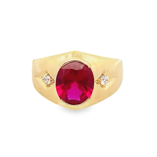 14K Yellow Gold Mens Fashion Ring W Red Stone Size 9 4.2Dwt
