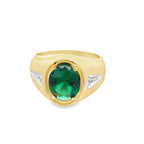 14K Two Tone Gold Oval Green Stone Fashion Mens Ring Size 9 4.4Dwt