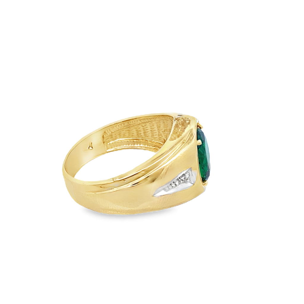 14K Two Tone Gold Oval Green Stone Fashion Mens Ring Size 9 4.4Dwt