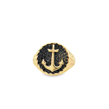 14K Yellow Gold Black Stones & Anchor Fashion Ring Mens Size 11 6.0Dwt