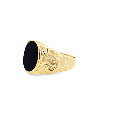 14K Yellow Gold Black Oval Stone Fashion Ring Mens Size 11 3.5Dwt