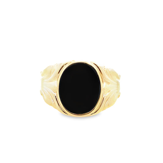 14K Yellow Gold Black Oval Stone Fashion Ring Mens Size 11 3.5Dwt