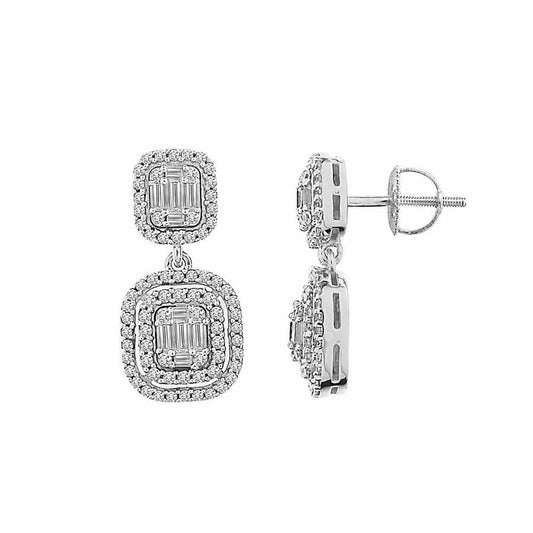 LADIES EARRINGS 1.00CT ROUND/BAGUETTE DIAMOND 14K WHITE GOLD (SI QUALITY)