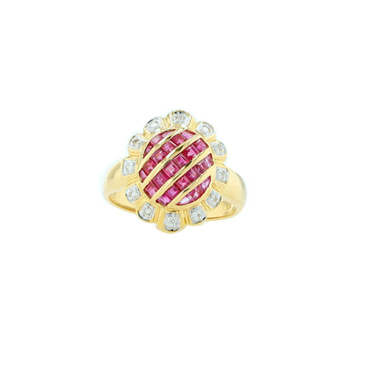 18K Yellow Gold Diamond & Rubies Flower Style Ring Size 7.5 3.5Dwt