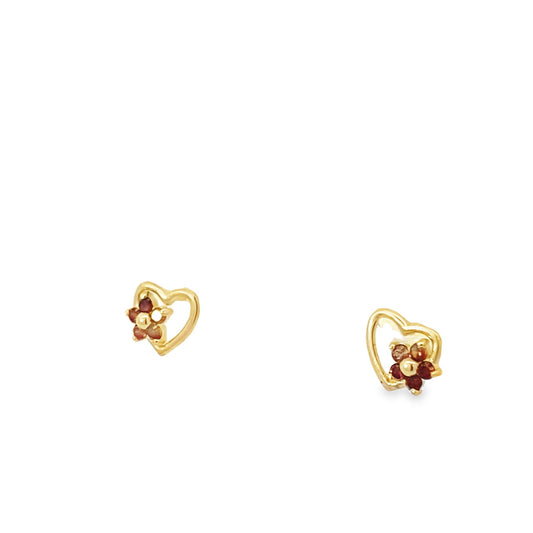14K Yellow Gold Red Stone Heart & Flower Baby Stud Earrings