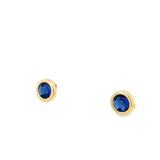 14K Yellow Gold Round Blue Stone Bezel Baby Stud Earrings