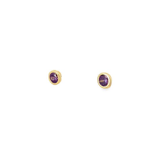 14K Yellow Gold Round Purple Stone Bezel Baby Stud Earrings