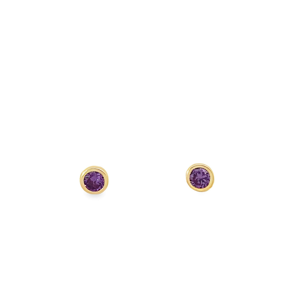 14K Yellow Gold Round Purple Stone Bezel Baby Stud Earrings
