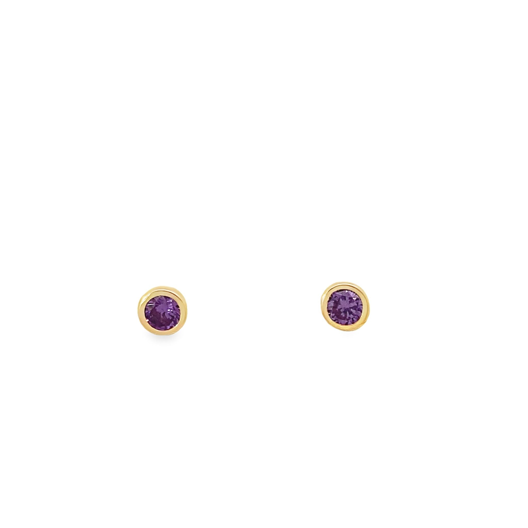 14K Yellow Gold Round Purple Stone Bezel Baby Stud Earrings