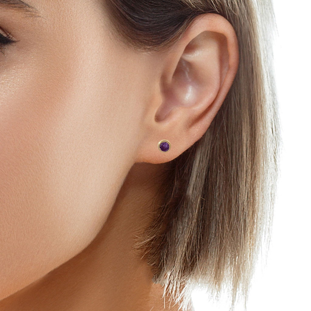 14K Yellow Gold Round Purple Stone Bezel Baby Stud Earrings