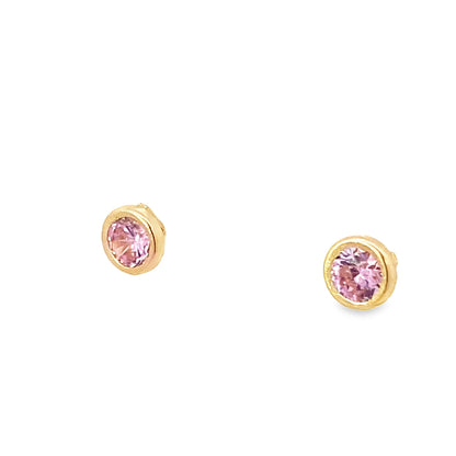 14K Yellow Gold Round Pink Stone Bezel Baby Stud Earrings