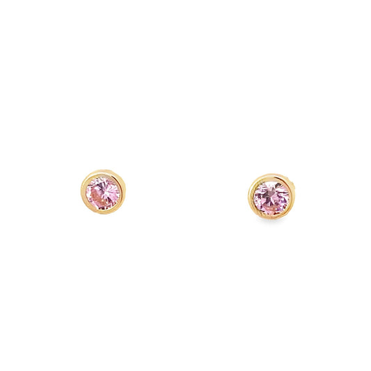 14K Yellow Gold Round Pink Stone Bezel Baby Stud Earrings