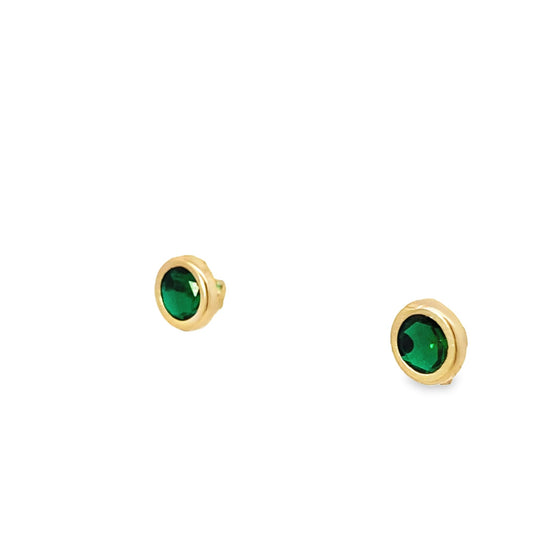 14K Yellow Gold Round Green Stone Bezel Baby Stud Earrings