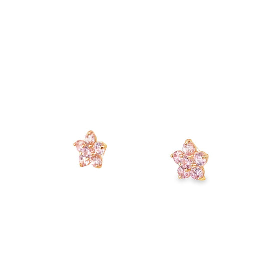 14K Yellow Gold Pink Stone Flower Baby Stud Earrings
