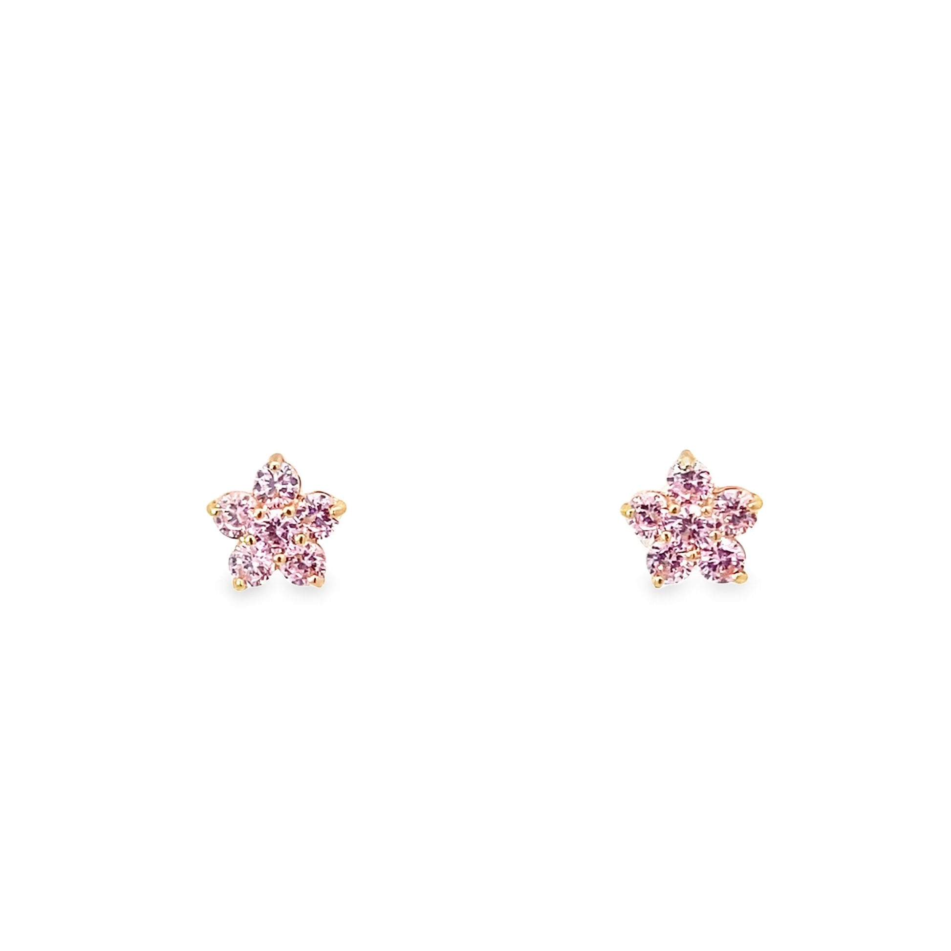 14K Yellow Gold Pink Stone Flower Baby Stud Earrings