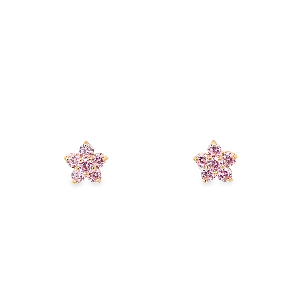 14K Yellow Gold Pink Stone Flower Baby Stud Earrings