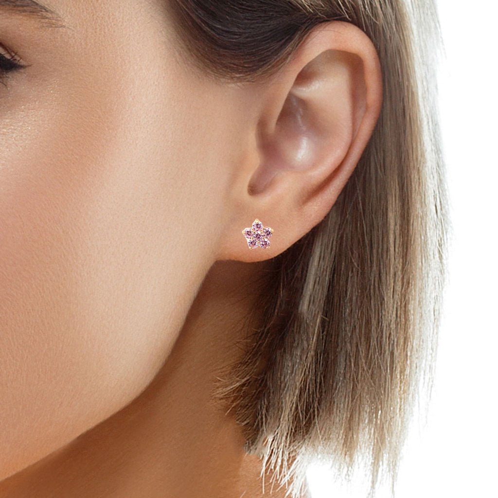 14K Yellow Gold Pink Stone Flower Baby Stud Earrings