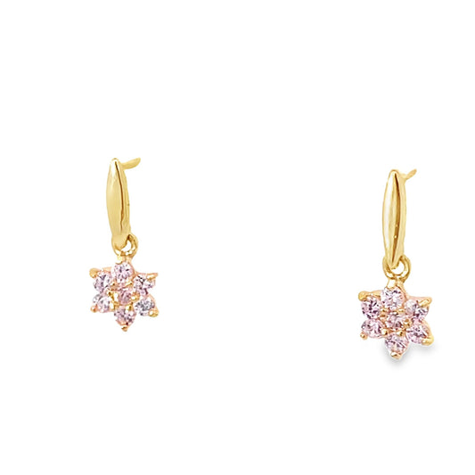 14K Yellow Gold Pink Stone Flower Baby Dangle Earrings