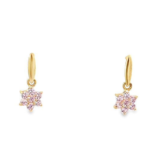 14K Yellow Gold Pink Stone Flower Baby Dangle Earrings