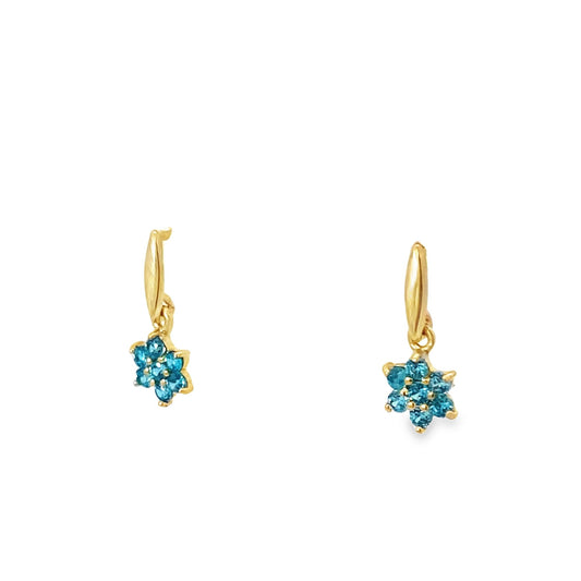 14K Yellow Gold Blue Stone Flower Baby Dangle Earrings