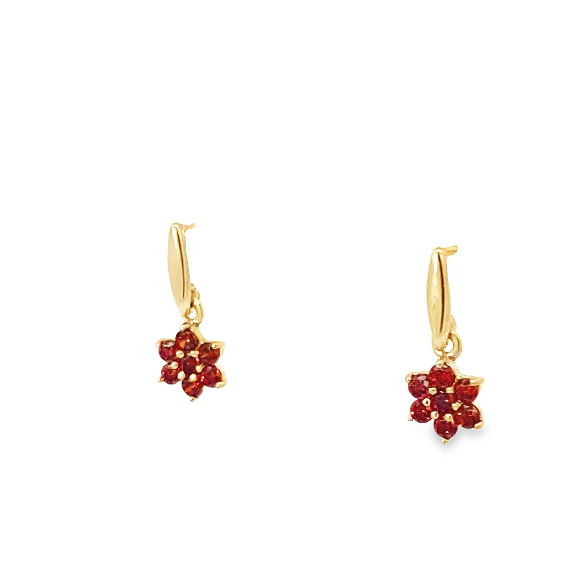 14K Yellow Gold Red Stone Flower Baby Dangle Earrings