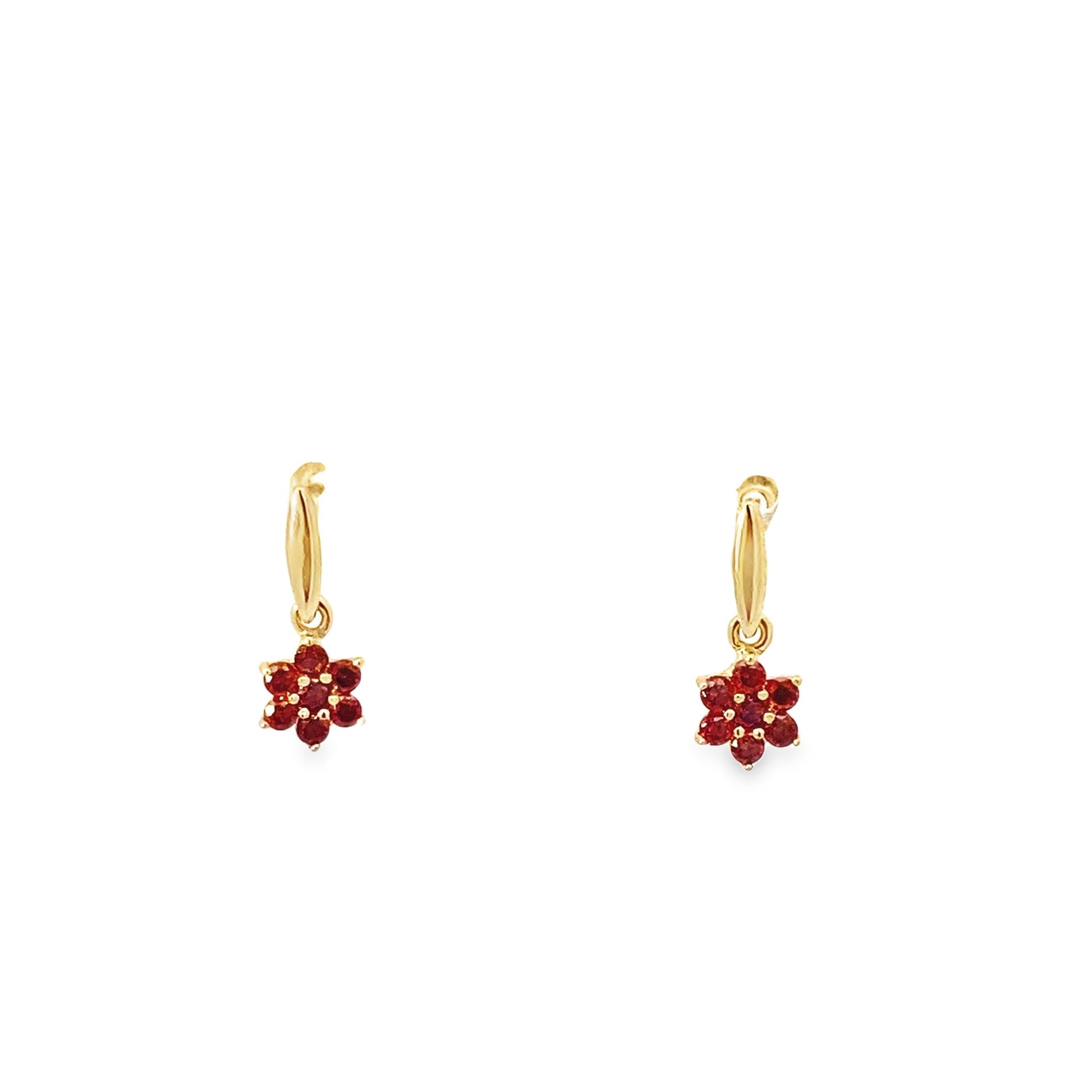 14K Yellow Gold Red Stone Flower Baby Dangle Earrings