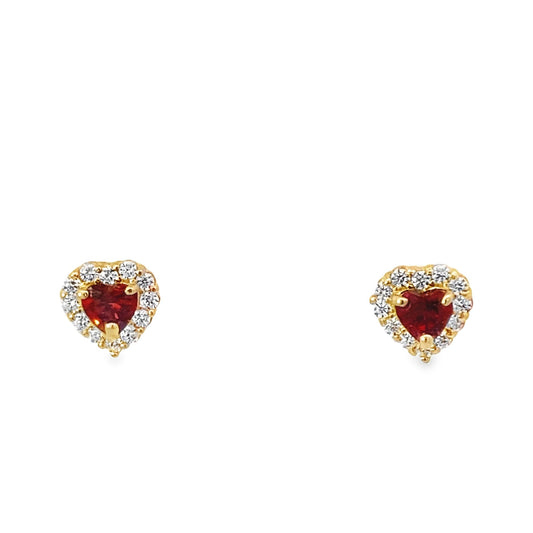 14K Yellow Gold Red Stone Heart Baby Stud Earrings