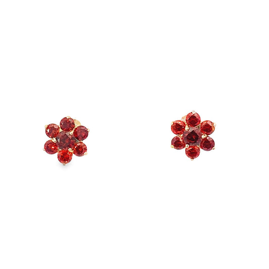 14K Yellow Gold Red Stone Flower Baby Stud Earrings